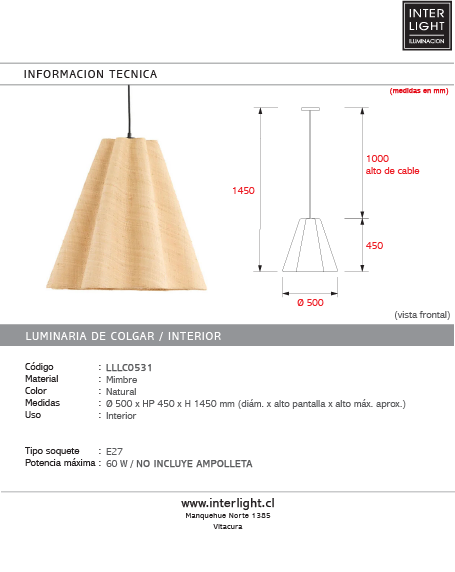 Lámpara colgante Ø50x45 cm mimbre natural E27 - LLLC0531