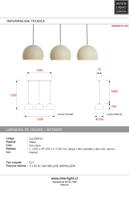 Lámpara colgante 3 luces 120x25x125 cm beige mate - LLLC0532