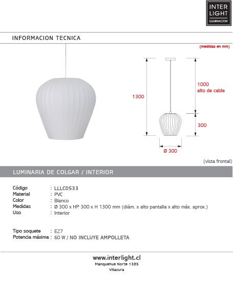 Lámpara colgante Ø30x30 cm blanco E27 - LLLC0533