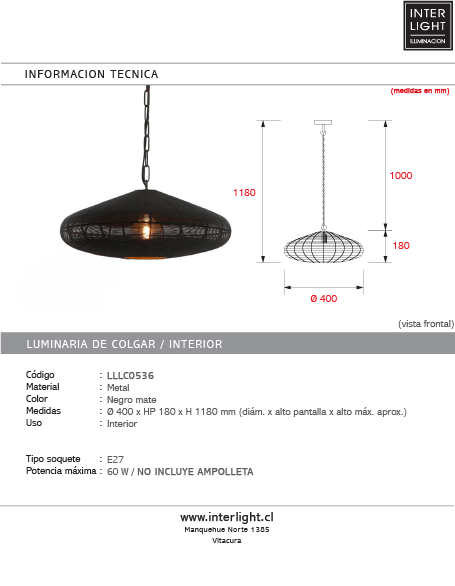 Lámpara colgante Ø40x18 cm negro mate - LLLC0536
