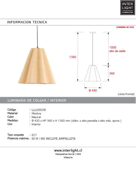 Lámpara colgante Ø40x36 cm mimbre natural E27 - LLLC0539