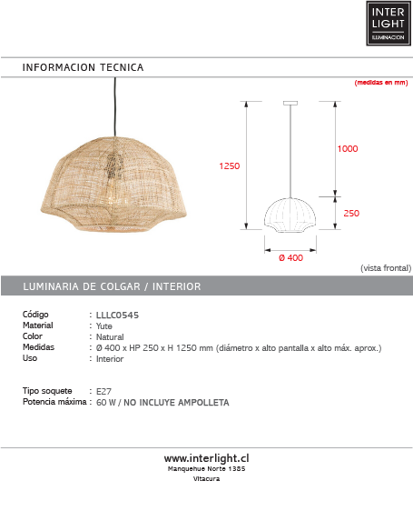 Lámpara colgante yute natural Ø40x25 cm E27 - LLLC0545
