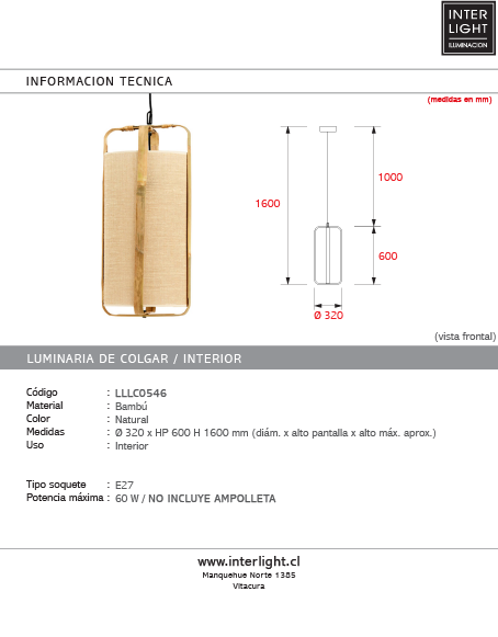 Lámpara colgante bambú natural Ø32x60 cm E27 - LLLC0546