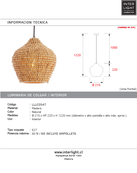 Lámpara colgante madera natural Ø21x22 cm E27 - LLLC0547