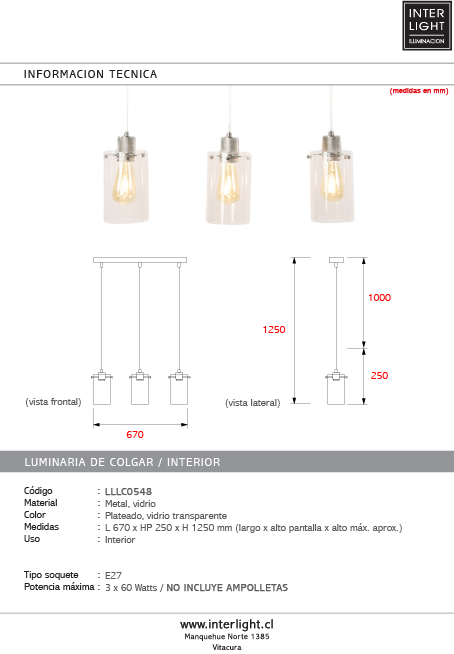 Lámpara colgante metal vidrio plateado 67cm 3 luces E27 - LLLC0548