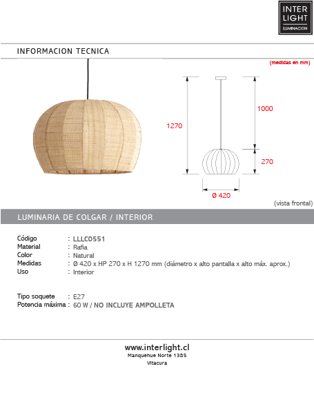 Lámpara colgante rafia natural Ø42x27 cm E27 - LLLC0551