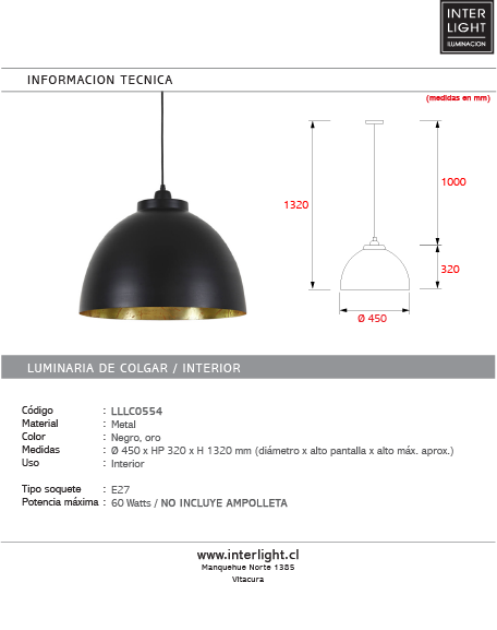 Lámpara colgante metal negro Oro Ø45x32 cm E27 - LLLC0554