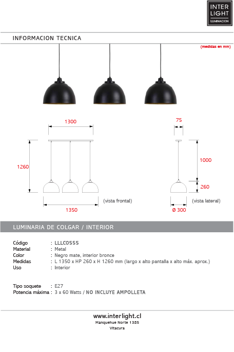 Lámpara colgante metal negro interior oro 3 Luces cm E27 - LLLC0555