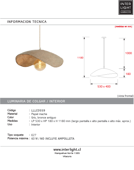 Lámpara colgante metal 53x18 cm E27 - LLLC0559