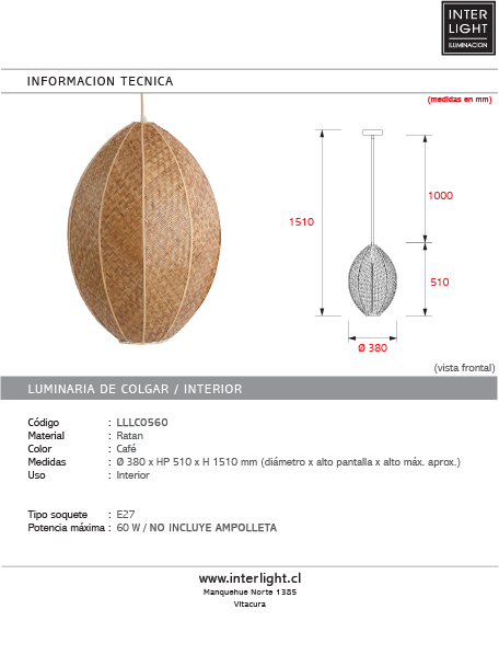 Lámpara colgante ratán café Ø38x51 cm E27 - LLLC0560