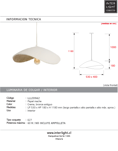 Lámpara colgante papel mache crema bronce antiguo 53x18cm E27 - LLLC0562