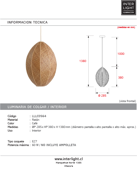 Lámpara colgante ratán café Ø25,5x38 cm E27 - LLLC0564
