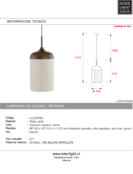 Lámpara colgante metal imitación madera textil crema Ø16x31 cm E27 - LLLC0565