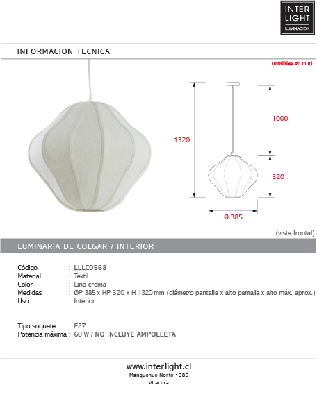 Lámpara colgante textil lino crema Ø38,5x32cm E27 - LLLC0566