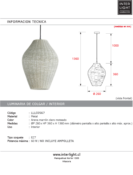 Lámpara colgante  metal crema Ø26x36cm E27 - LLLC0567