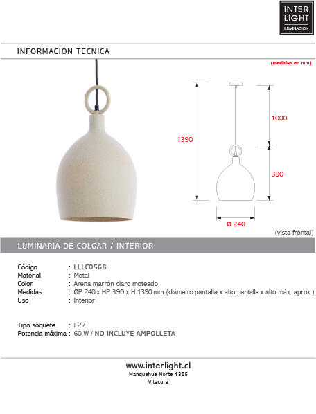 Lámpara colgante metal arena marrón claro moteado Ø24x39cm E27 - LLLC0568