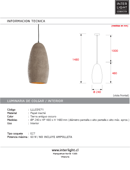 Lámpara colgante papel maché Ø24x48 cm E27 - LLLC0571