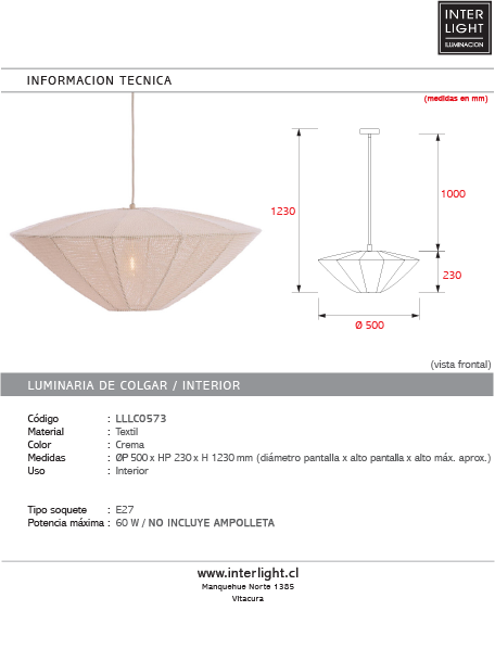Lámpara colgante textil crema Ø50x23 cm E27 - LLLC0573