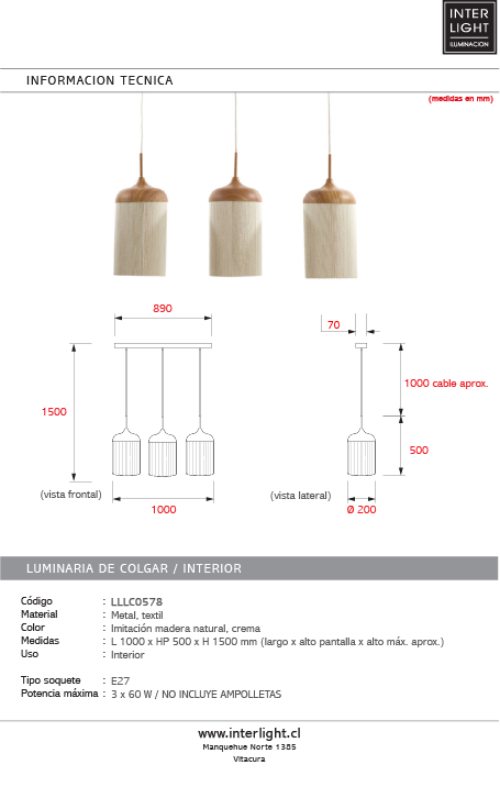 Lámpara colgante imitación madera natural metal textil  100 cm 3 luces E27- LLLC0578
