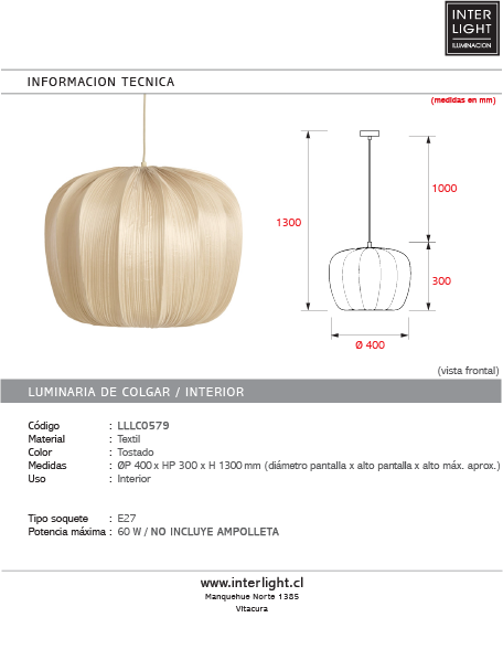 Lámpara colgante textil tostado Ø40x30 cm E27 - LLLC0579