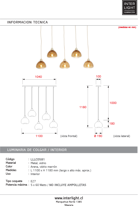 Lámpara colgante vidrio marrón metal arena 110x118 cm 5 luces E27 - LLLC0581