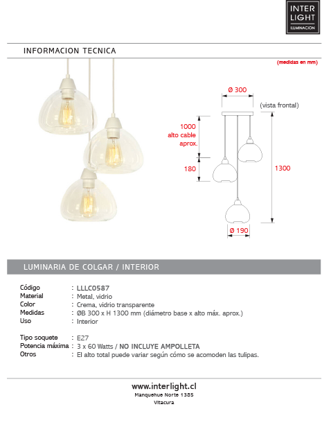 Lámpara colgante metal crema vidrio transparente 3 luces  Ø30x150 cm E27 - LLLC0587