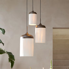 Cargar imagen en el visor de la galería, Lámpara colgante metal textil imitacion madera café crema Ø35cm 3 luces E27 - LLLC0589
