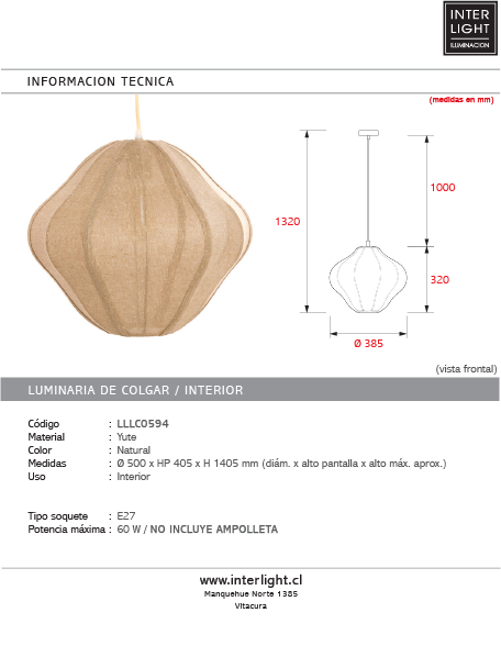 Lámpara colgante yute natural Ø50x40,5 cm E27 - LLLC0594