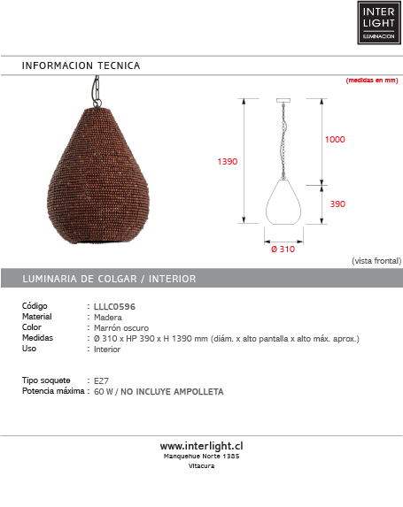 Lámpara colgante madera  cuentas marrón oscuro  Ø31x39 cm E27- LLLC0596