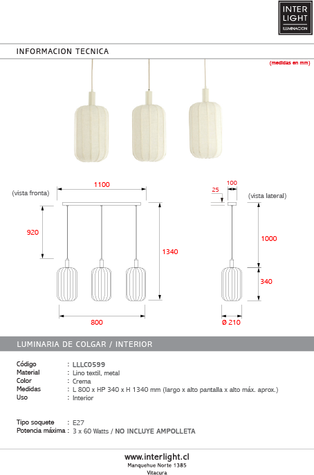 Lámpara colgante metal lino textil crema 80x21x34 cm 3 luces E27 - LLLC0599