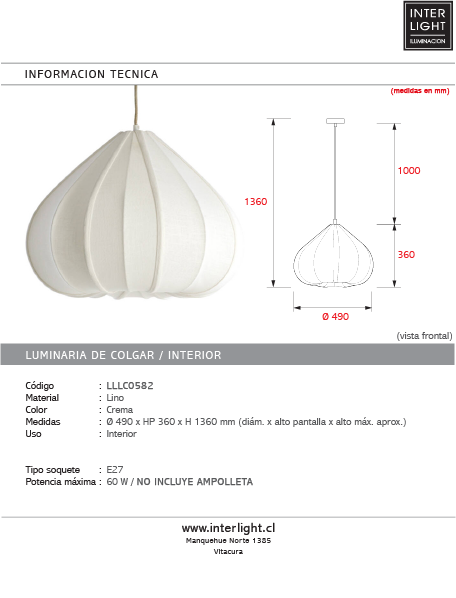Lámpara colgante lino crema Ø49x36 cm E27 - LLLC0604