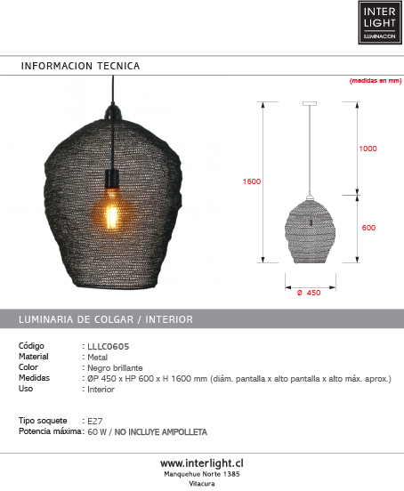 Lámpara colgante metal negro brillante  Ø45x60 cm E27 - LLLC0605