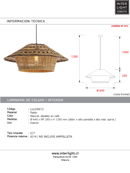 Lámpara colgante ratán natural detalles en café Ø64x26 cm E27 - LLLC0612