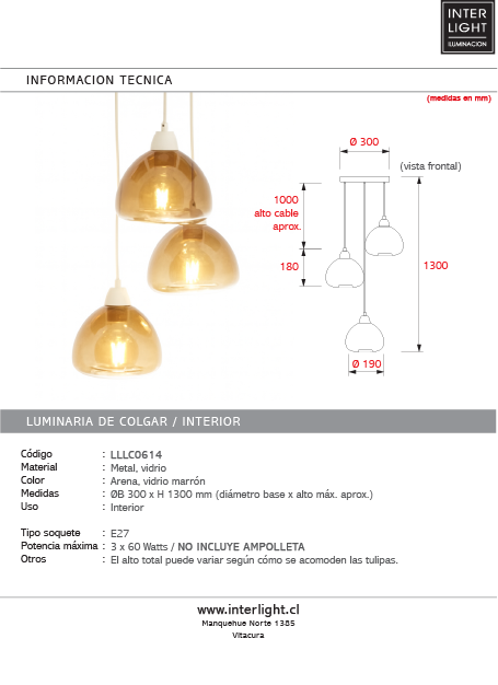 Lámpara colgante metal marrón arena 3 luces Ø30x130 cm E27 - LLLC0614