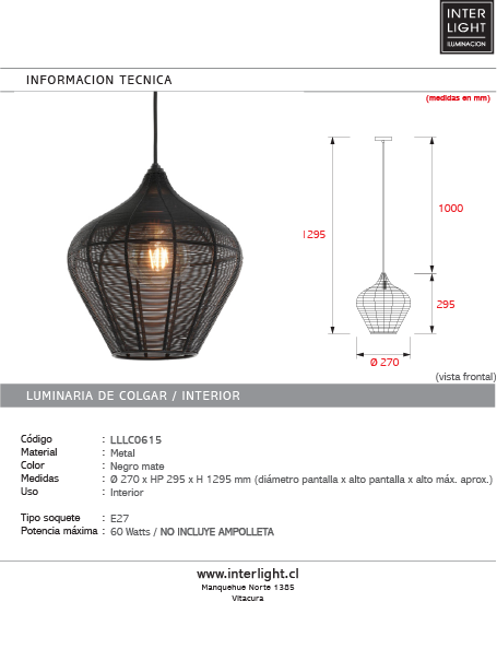 Lámpara colgante metal negro mate Ø27x29.5 cm E27 - LLLC0615