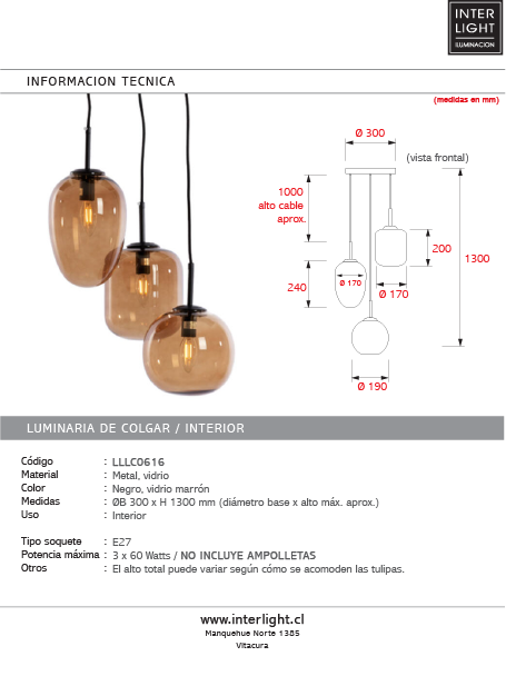 Lámpara colgante metal negro vidrio marrón 3 luces Ø30x130 cm E27 - LLLC0616