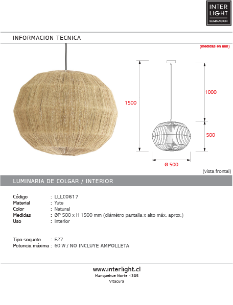 Lámpara colgante yute natural Ø50 cm E27- LLLC0617