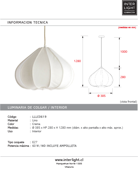 Lámpara colgante lino crema Ø38,5x28 cm  E27 - LLLC0619