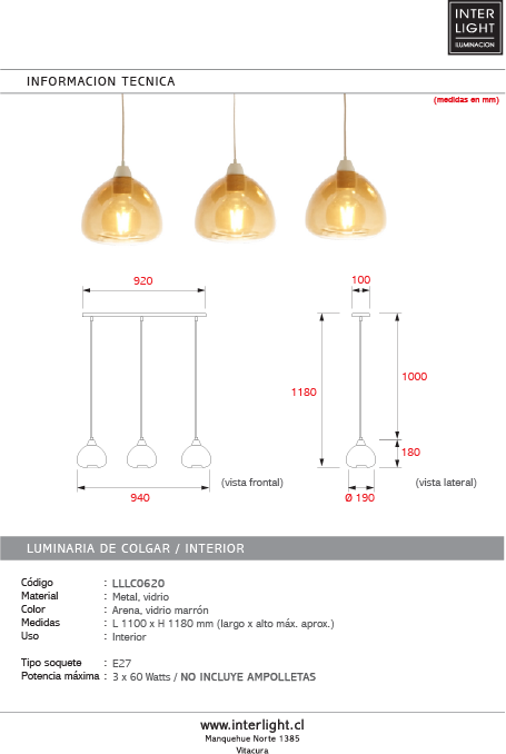 Lámpara colgante vidrio marrón metal arena 94x118 cm 3 luces E27- LLLC0620