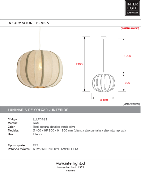 Lampara colgante textil natural detalles verde olivo Ø40x30 cm  E27- LLLC0621