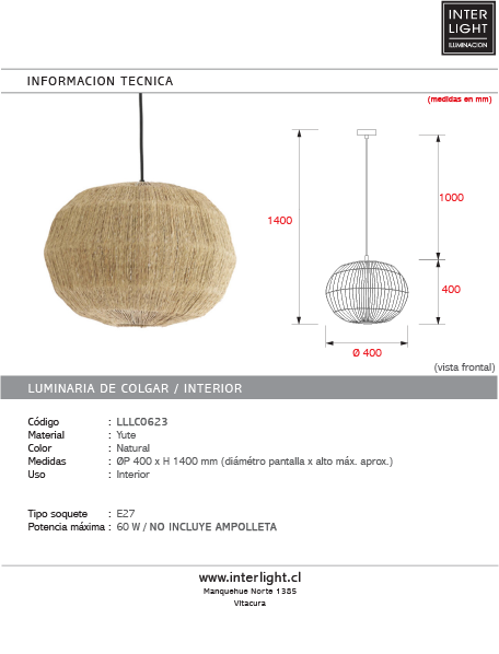 Lámpara colgante yute natural Ø40cm E27 - LLLC0623