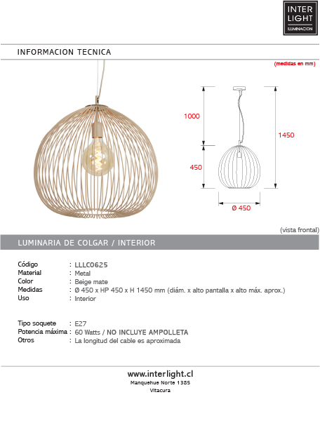 Lámpara colgante metal beige mate Ø45x45 cm  E27 - LLLC0625
