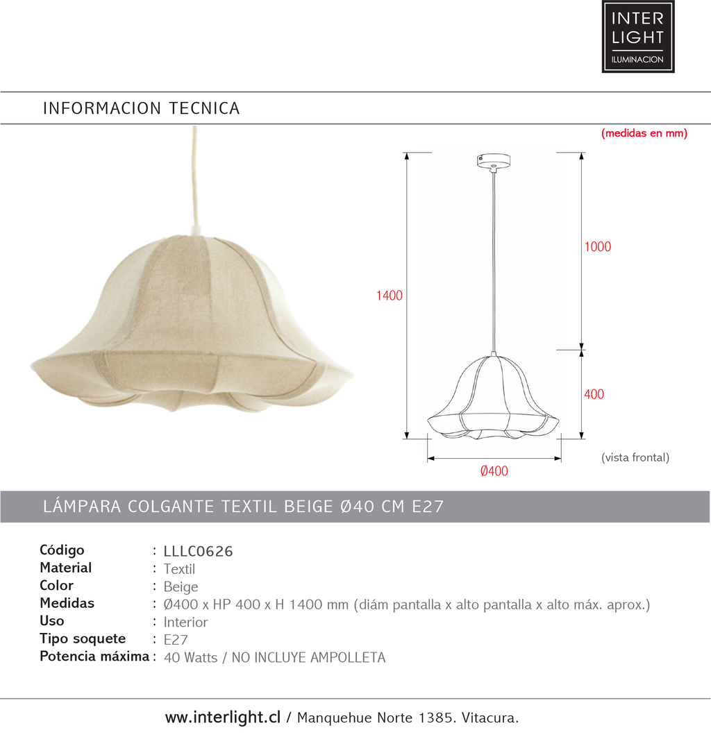 Lámpara colgante textil beige Ø40 cm E27 - LLLC0626