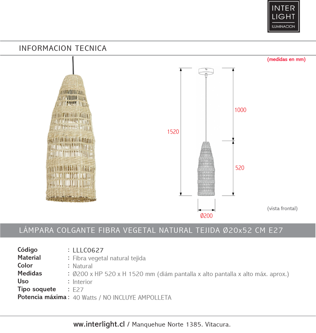 Lámpara colgante fibra vegetal natural tejida Ø20x52 cm E27 - LLLC0627