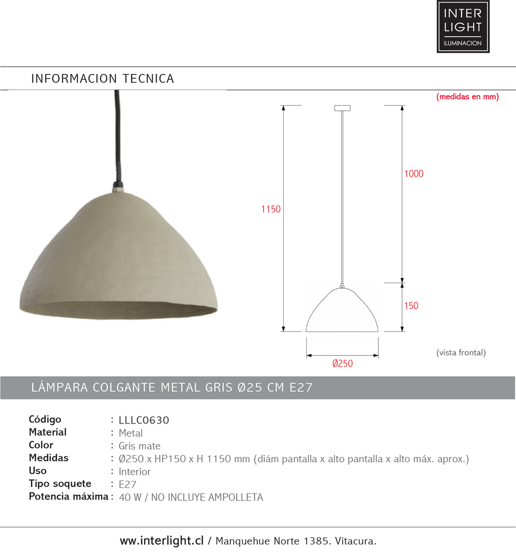 Lámpara colgante metal gris Ø25 cm E27 - LLLC0630