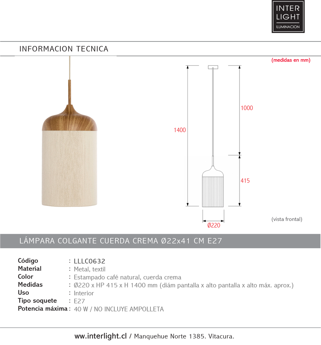 Lámpara colgante metal estampado madera natural cuerda crema Ø22x41,5 cm E27 - LLLC0632