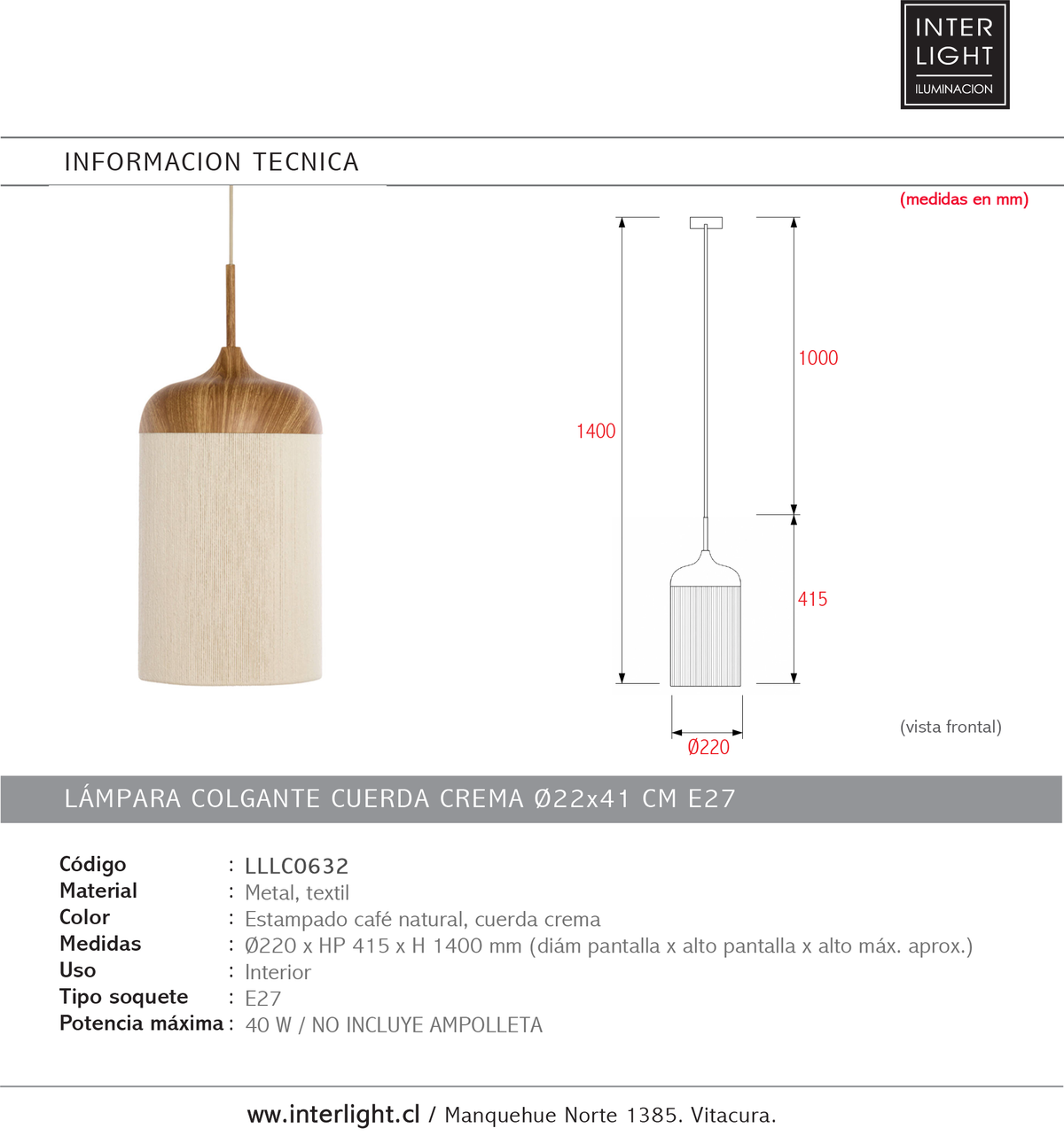 Lámpara colgante metal estampado madera natural cuerda crema Ø22x41,5 cm E27 - LLLC0632