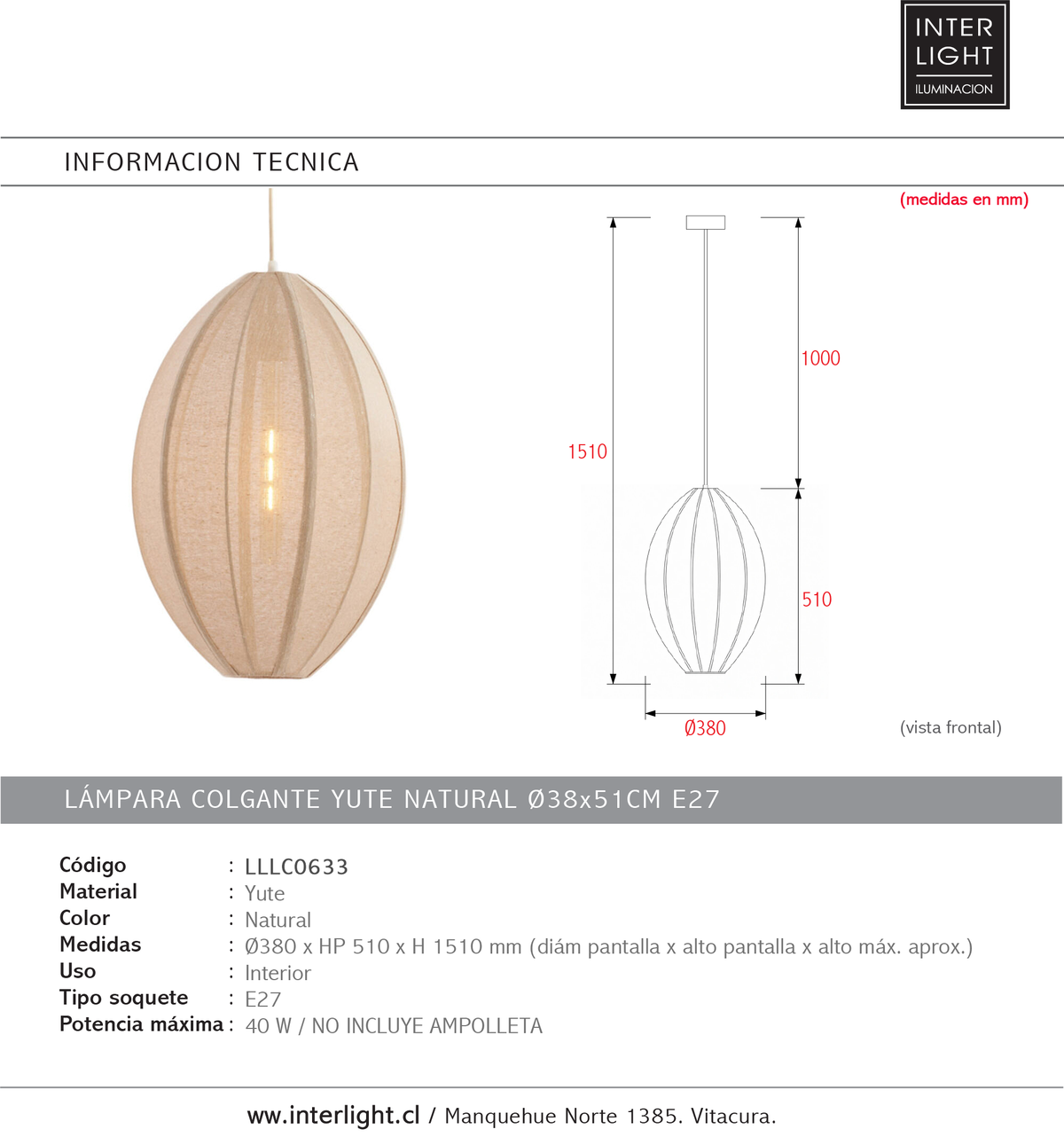 Lámpara colgante yute natural Ø38x51 cm E27 - LLLC0633