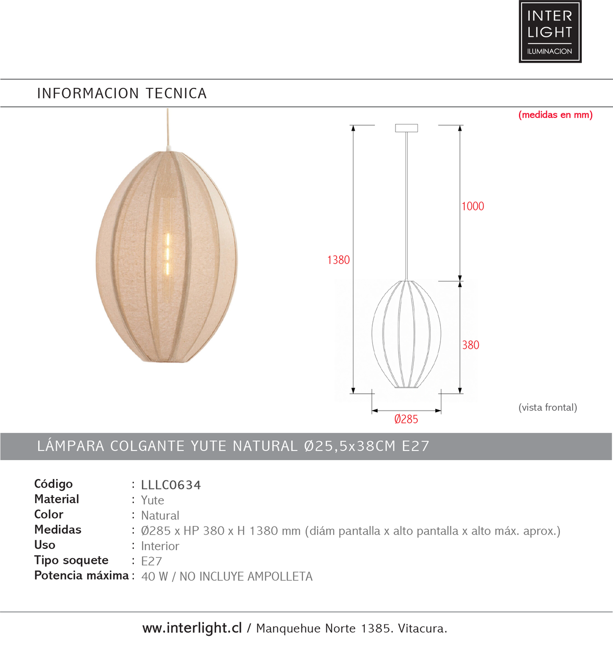 Lámpara colgante yute natural Ø28,5x38 cm E27 - LLLC0634