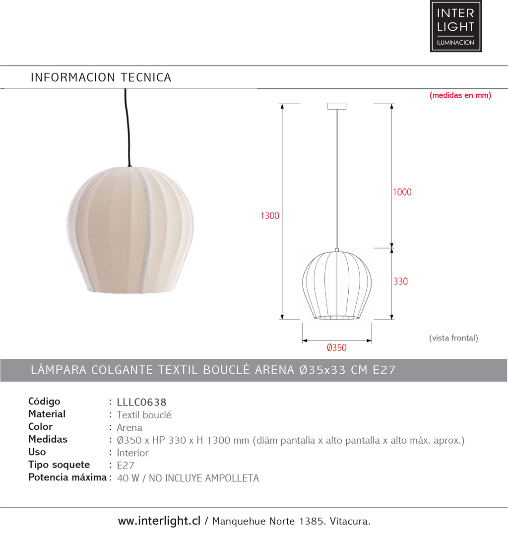 Lámpara colgante textil bouclé arena Ø35x33 cm E27 - LLLC0638
